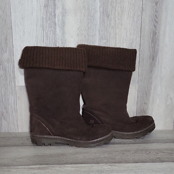 Skechers Womens 8 Chocolate Brown Leather Boots Thinsulate Mid Calf Warm Winter - Picture 1 of 10